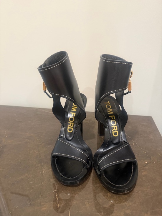 Tom Ford Shoes - Tom Ford Black Leather Open-Toe Ankle-Cuff Heels with Gold Detail